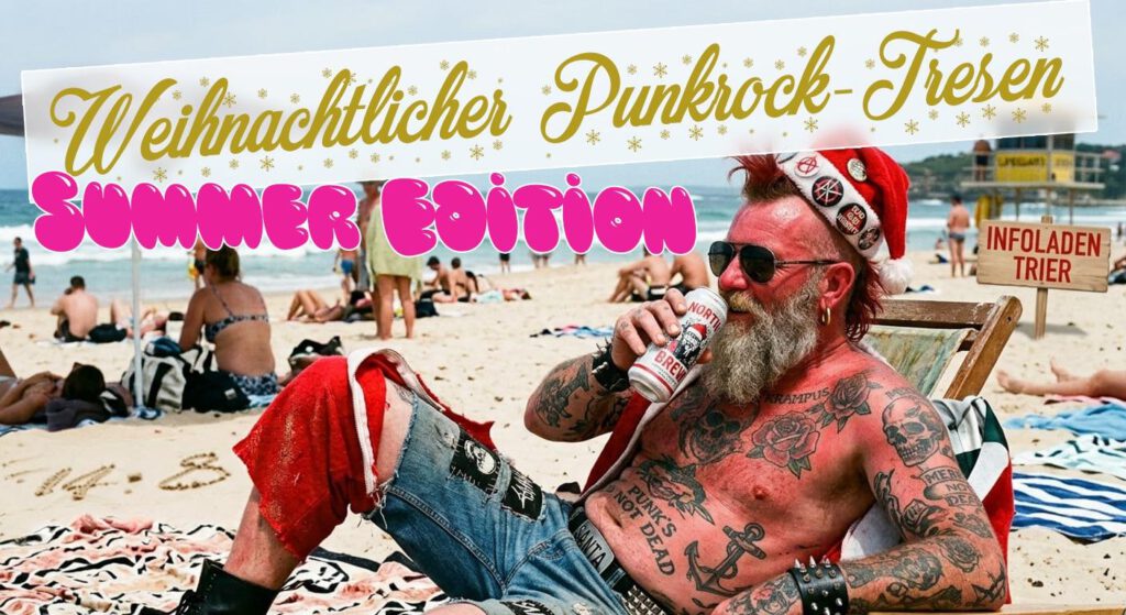 Ungewaschener Weihnachtspunker mit Bierdose am Strand
